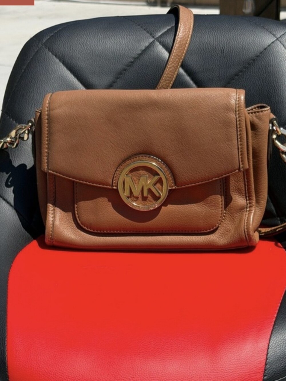 Michael Kors Tan Leather Crossbody with Gold MK Emblem - Picture 2 of 8